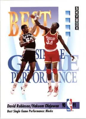 1991-92 SkyBox basketball trading card featuring Hakeem Olajuwon and David Robinson stat leader