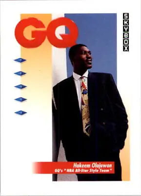 GQ magazine cover with Hakeem Olajuwon in dark suit, showcasing 1991-92 SkyBox style