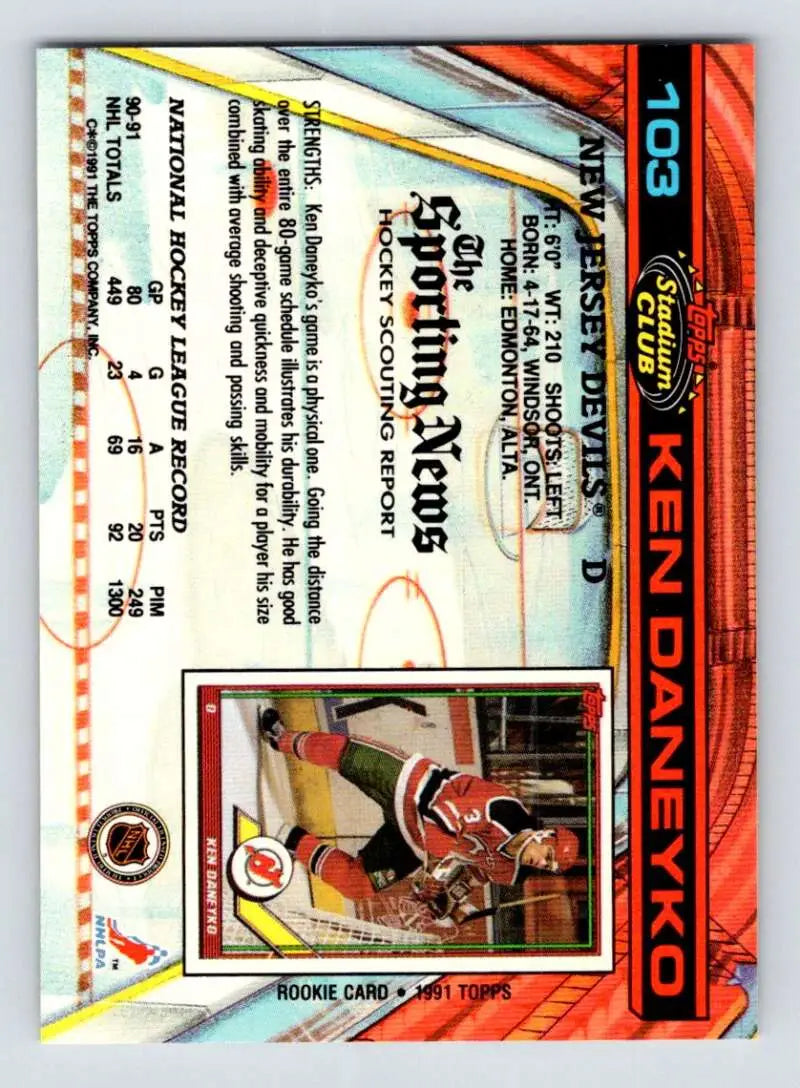 Trading card featuring Ken Daneyko in vibrant orange and blue design for Topps Stadium Club