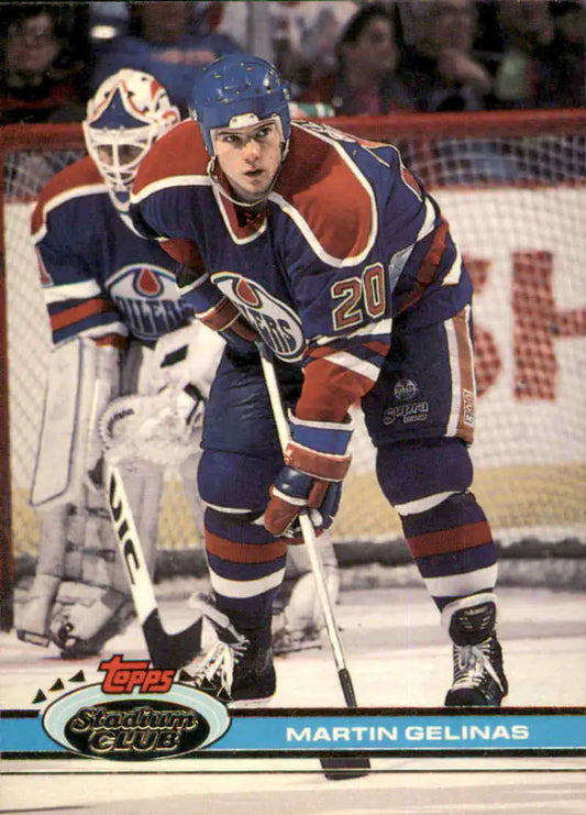 Hockey player in Edmonton Oilers uniform skating featured on Martin Gelinas hockey card