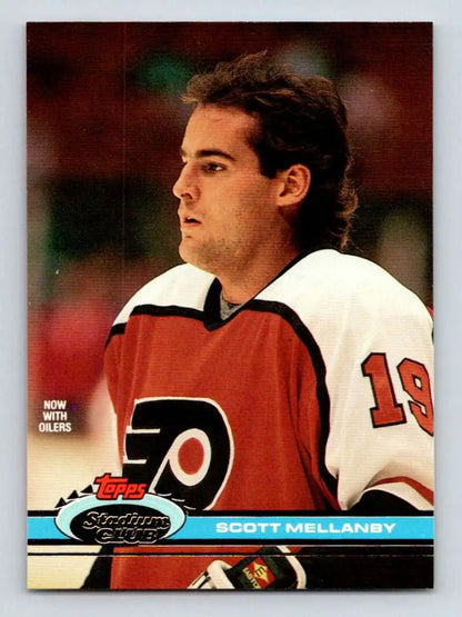 Hockey trading card of Scott Mellanby in Philadelphia Flyers jersey number 19 from 1991-92 Topps Stadium Club