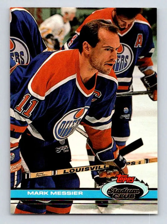 Hockey trading card of Mark Messier in Edmonton Oilers jersey from Topps Stadium Club