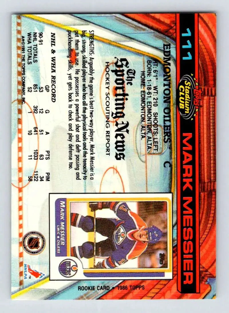 Hockey trading card of Mark Messier in Edmonton Oilers uniform from Topps Stadium Club