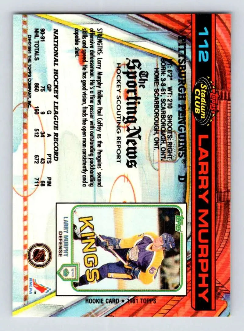 Sports trading card of Larry Murphy in purple and gold for Topps Stadium Club