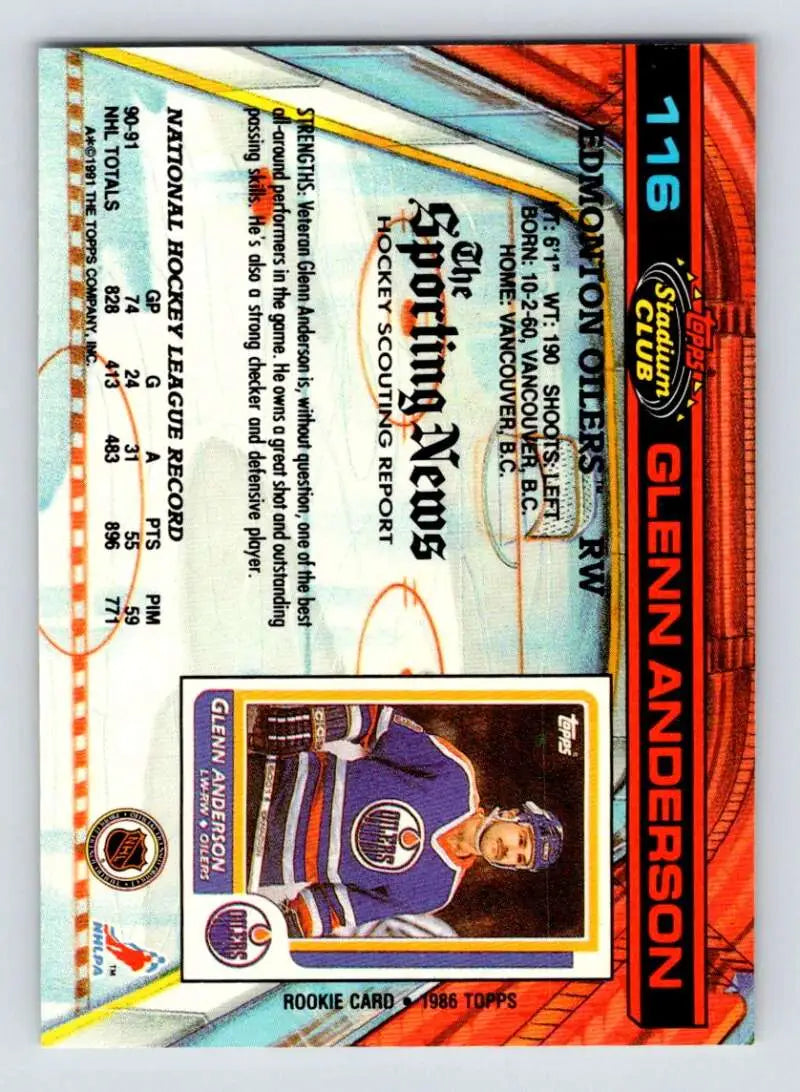 Trading card of Glenn Anderson in a blue Edmonton Oilers jersey, Stadium Club