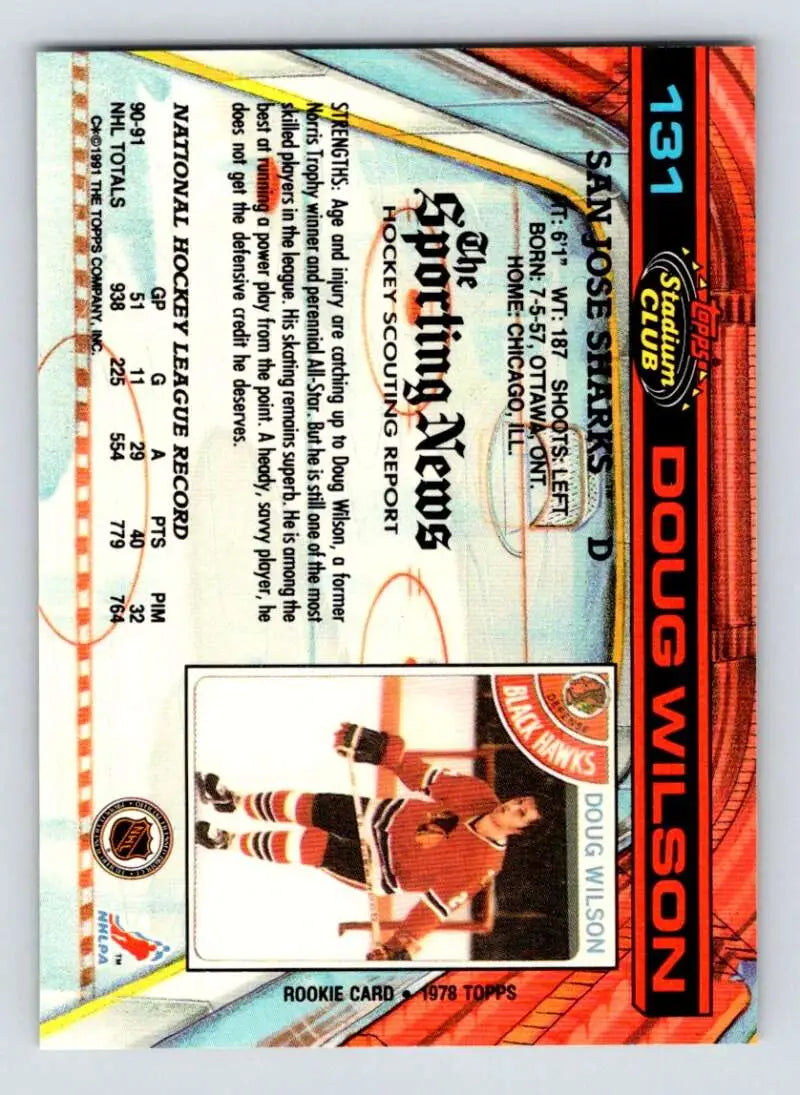 Hockey trading card of Doug Wilson in red and white San Jose Sharks uniform