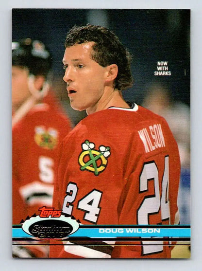 Hockey trading card of Doug Wilson, Chicago Blackhawks player in red jersey, 1991-92