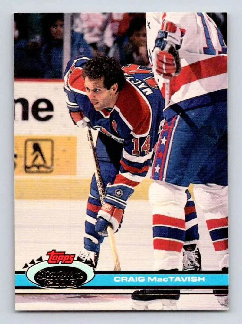 Hockey player in blue and red uniform exemplifying Craig MacTavish on Edmonton Oilers card