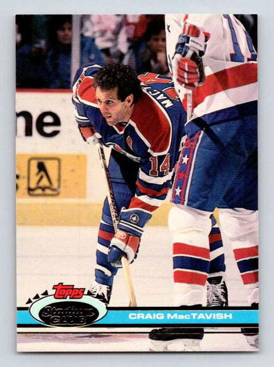 Hockey player in blue and red uniform exemplifying Craig MacTavish on Edmonton Oilers card