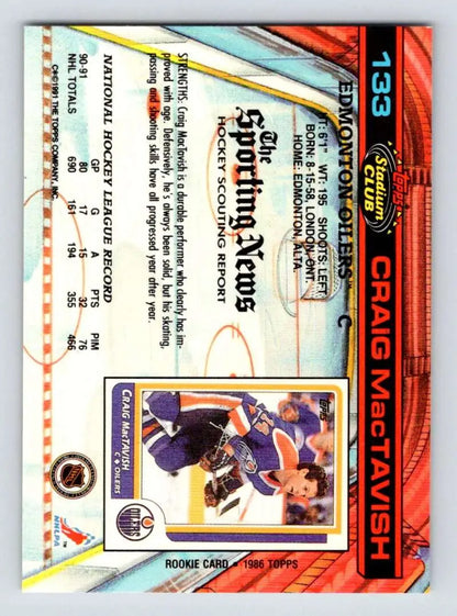 Holographic 1991-92 Topps Stadium Club Craig MacTavish Edmonton Oilers hockey card