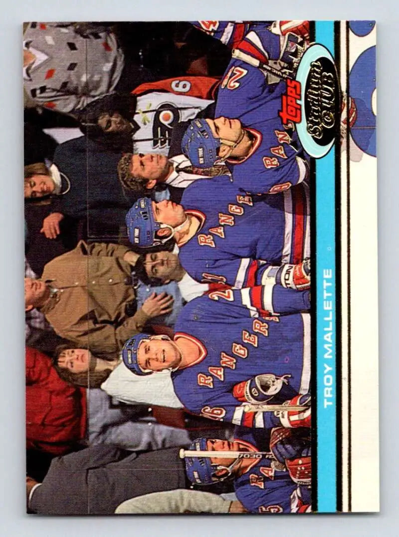 Hockey trading card featuring Troy Mallette and New York Rangers from Topps Stadium Club