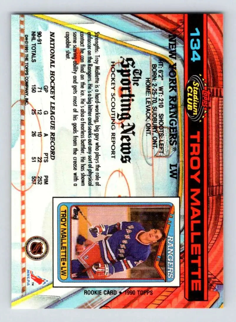 Troy Mallette 1991-92 Topps Stadium Club New York Rangers Hockey Card NM-MT