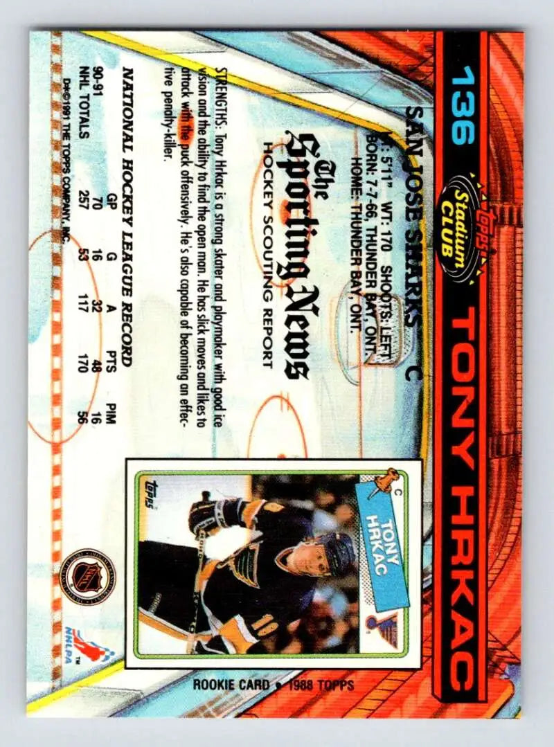 Hockey card featuring Tony Hrkac in black and yellow San Jose Sharks uniform