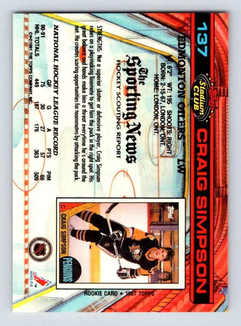 Hockey trading card featuring Craig Simpson of the Edmonton Oilers, Topps Stadium Club design