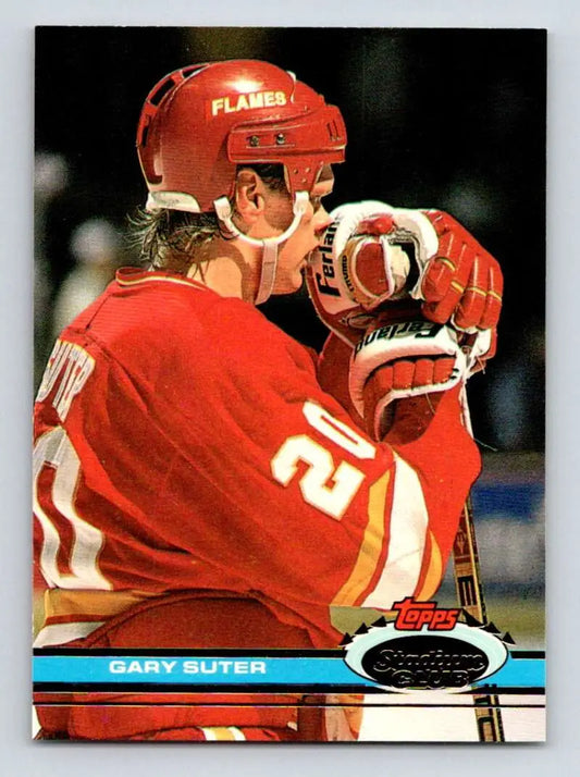 Hockey card featuring Gary Suter in red Calgary Flames jersey number 20