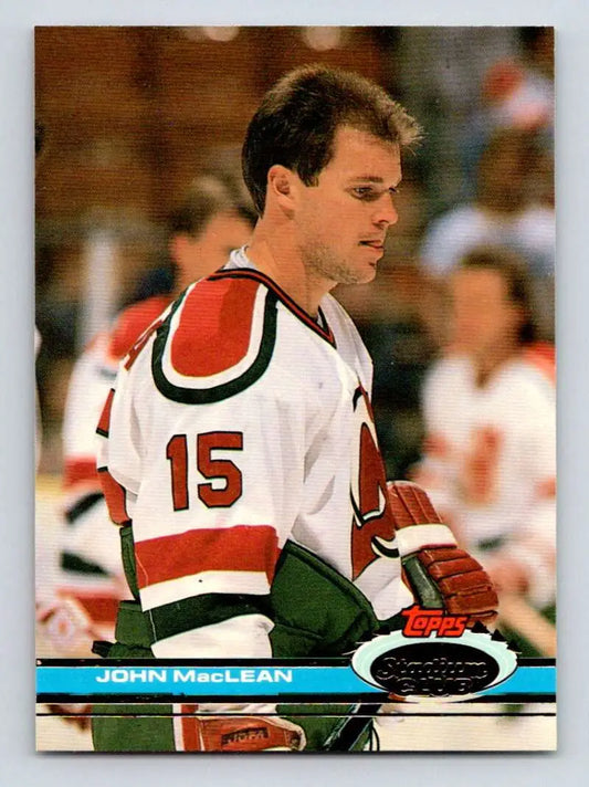 Hockey card of John MacLean in New Jersey Devils jersey number 15 from 1991-92 Topps