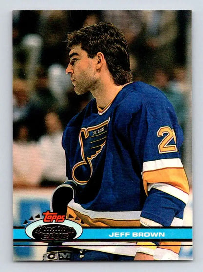 Jeff Brown in blue St. Louis Blues jersey 2 on 1991-92 Topps Stadium Club hockey card