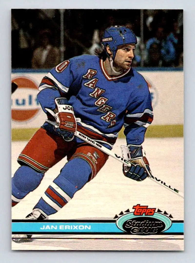 Hockey player in New York Rangers jersey featured on Jan Erixon Topps Stadium Club card