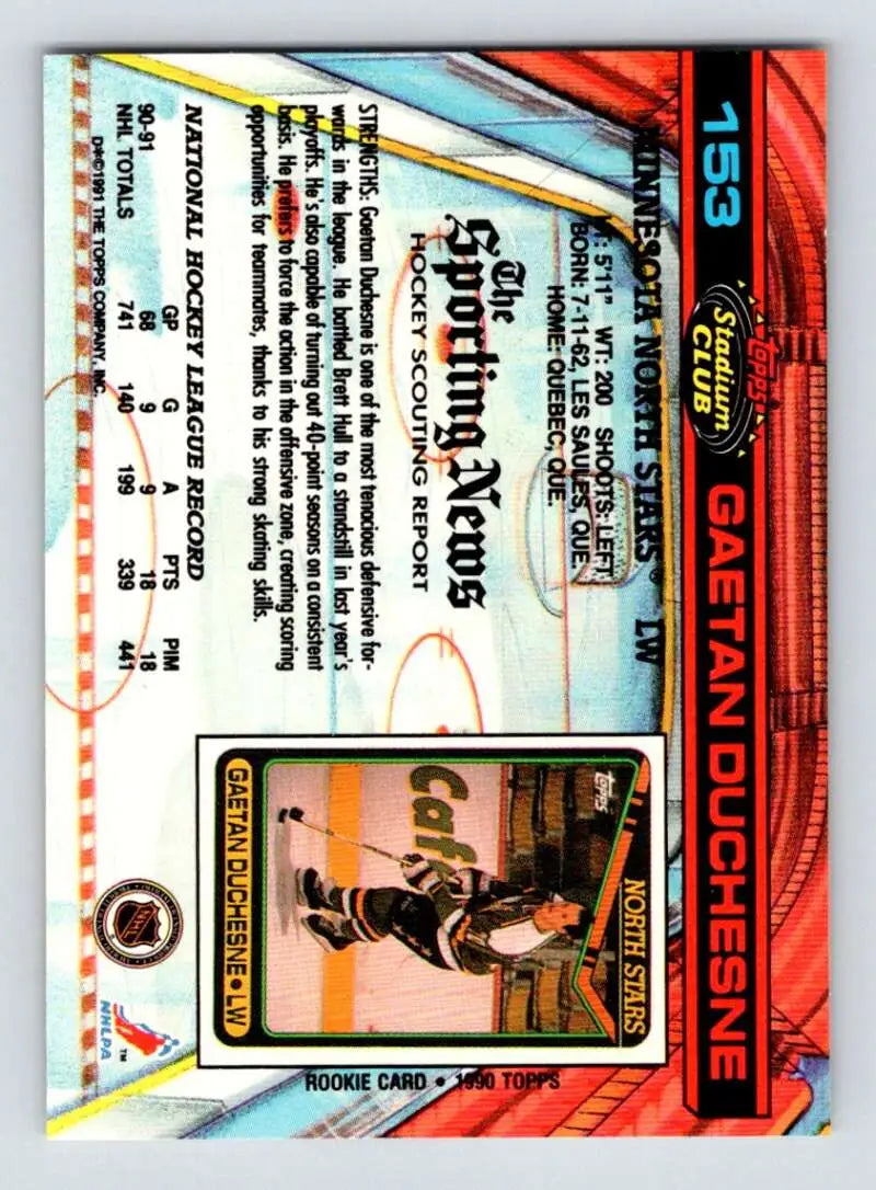 Holographic 1991-92 Topps Stadium Club Gaetan Duchesne North Stars Hockey Card