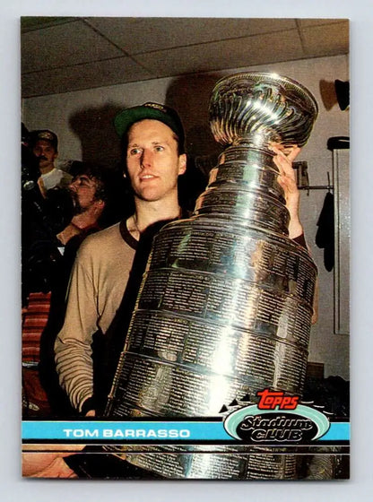 Stanley Cup trophy shines atop the 1991-92 Topps Stadium Club Tom Barrasso hockey card