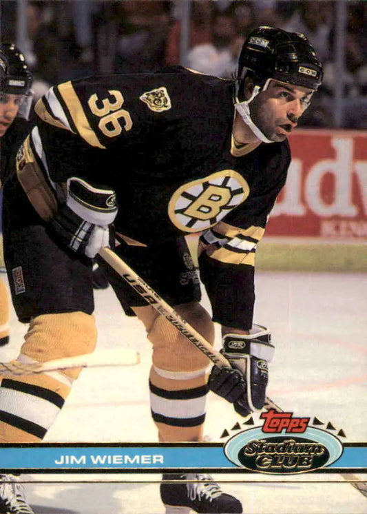 Jim Wiemer in black and gold Boston Bruins jersey number 36 on Topps Stadium Club card