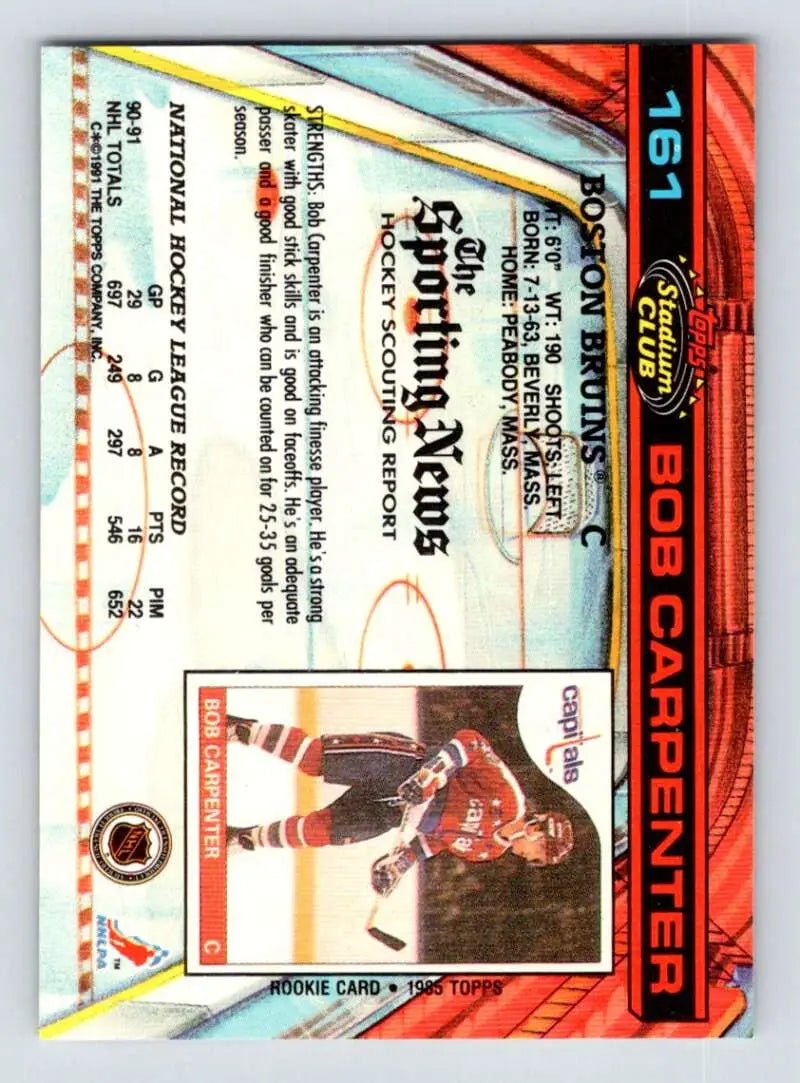 Bob Carpenter 1991-92 Topps Stadium Club Boston Bruins hockey card with orange and blue design