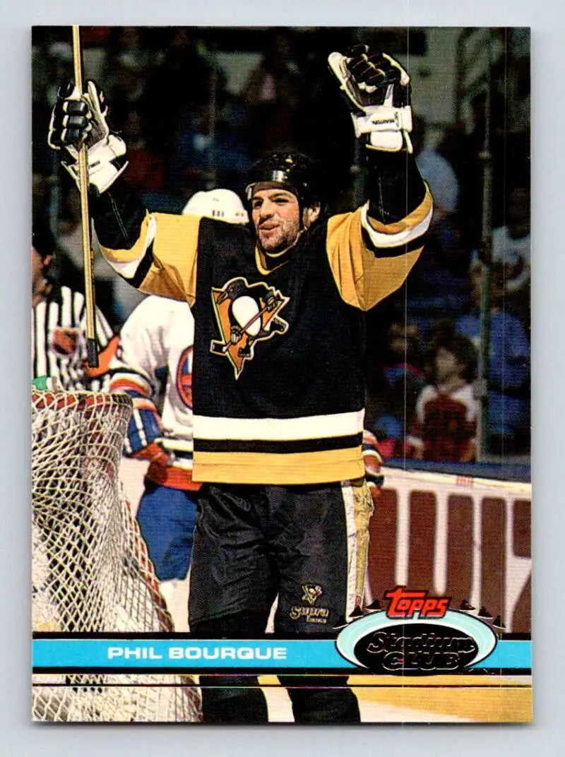 Phil Bourque celebrating in a Pittsburgh Penguins jersey on Stadium Club card