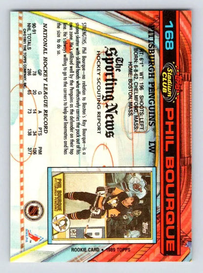 Phil Bourque 1991-92 Stadium Club Hockey Card with orange borders and stats