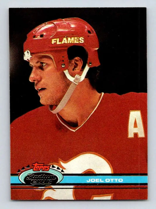 Calgary Flames hockey card featuring Joel Otto in red helmet and jersey with alternate captain A