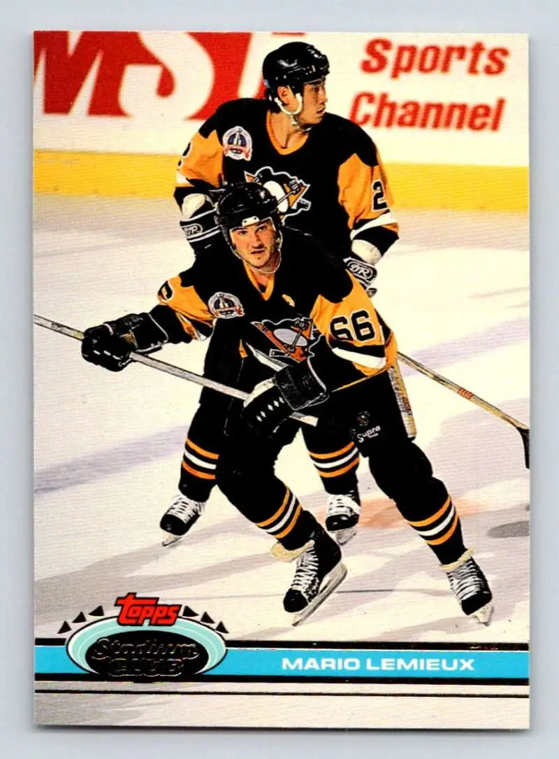 Hockey trading card of Mario Lemieux in black and gold for Topps Stadium Club