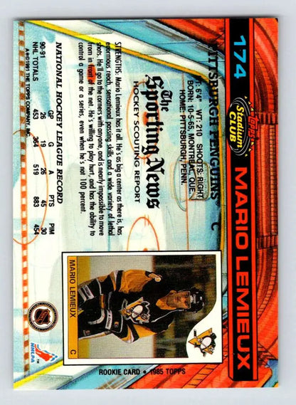 Colorful 1991-92 Topps Stadium Club #174 Mario Lemieux Hockey Card with text details