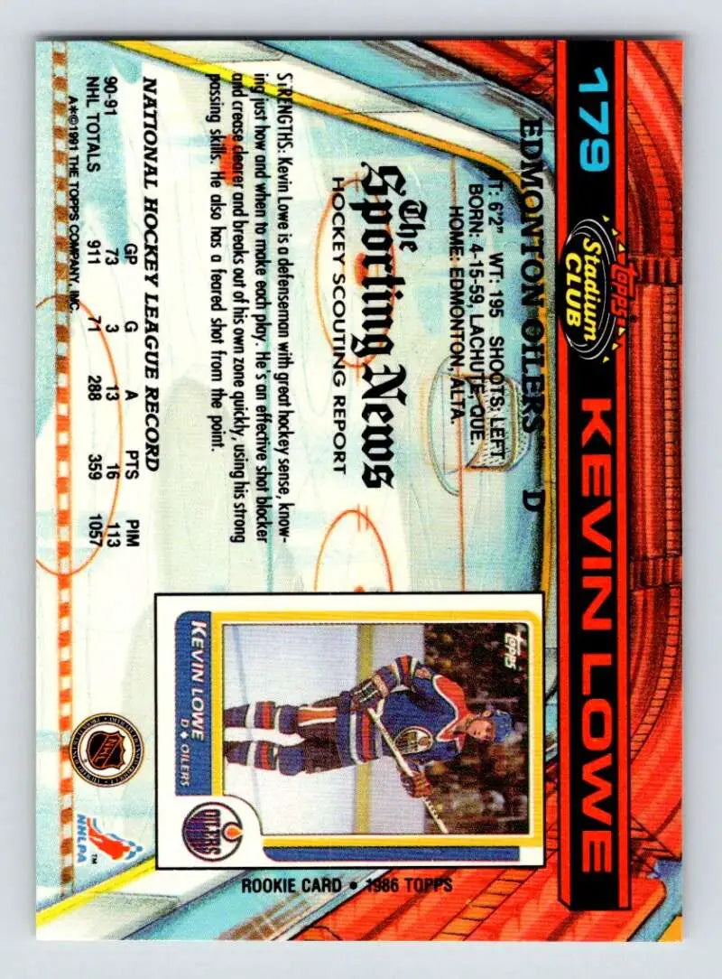 Hockey trading card featuring Kevin Lowe from 1991-92 Topps Stadium Club with vibrant designs