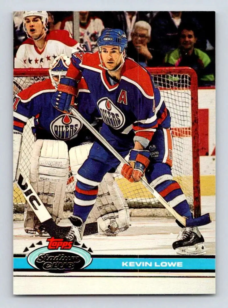 Hockey trading card of Kevin Lowe from Topps Stadium Club featuring Edmonton Oilers uniform