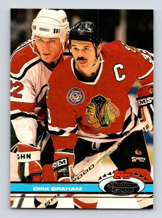 Hockey card of Dirk Graham in Chicago Blackhawks red jersey from Topps Stadium Club