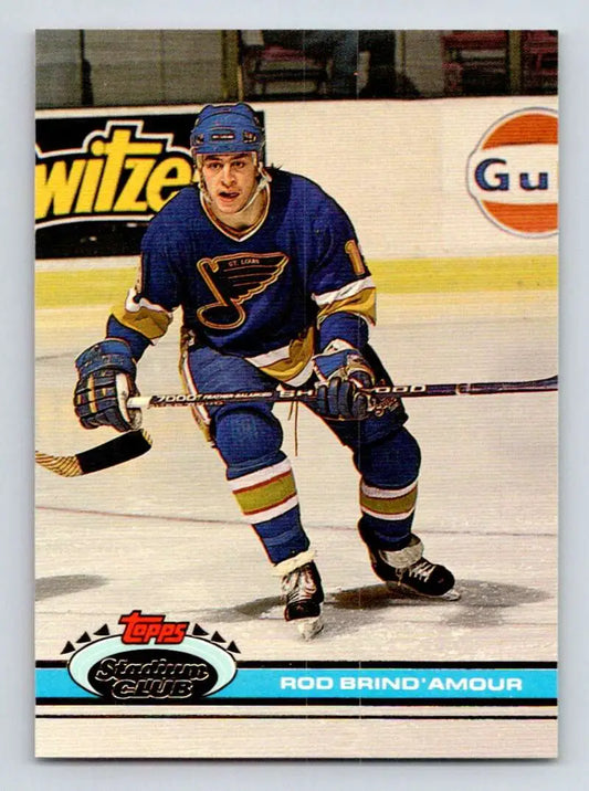 Hockey player in St. Louis Blues uniform skating on ice, Rod Brind’Amour Hockey Card