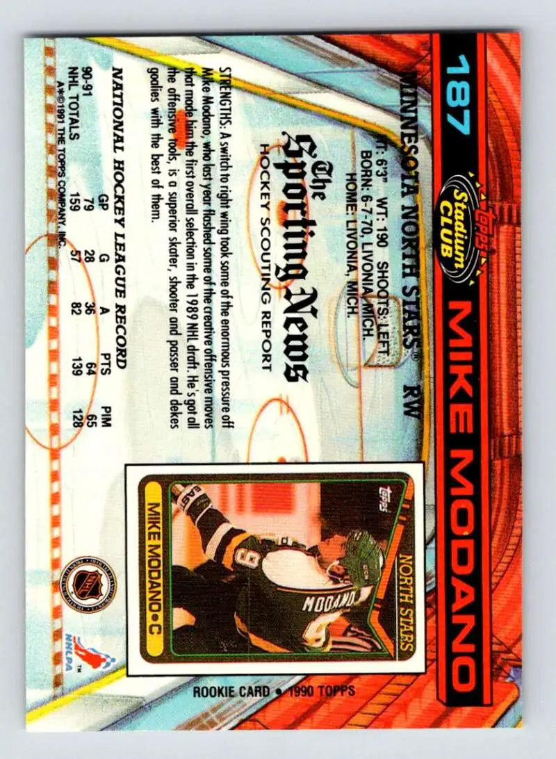 1991-92 Topps Stadium Club Hockey Card featuring Mike Modano and North Stars design