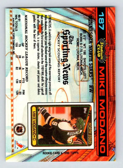 1991-92 Topps Stadium Club Hockey Card featuring Mike Modano and North Stars design