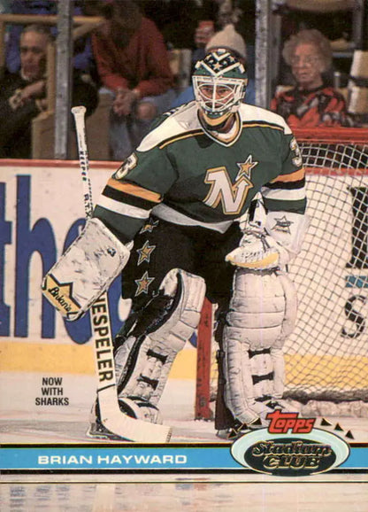 Hockey goalie Brian Hayward in Minnesota North Stars uniform by the net for San Jose Sharks card