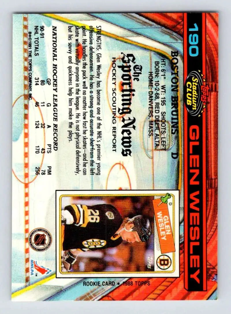 Holographic design of 1991-92 Topps Glen Wesley Boston Bruins Hockey Card