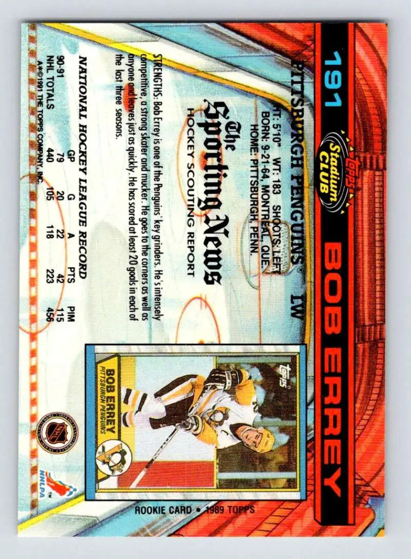 Buffalo Sabres player in a white uniform on Bob Errey Pittsburgh Penguins hockey card