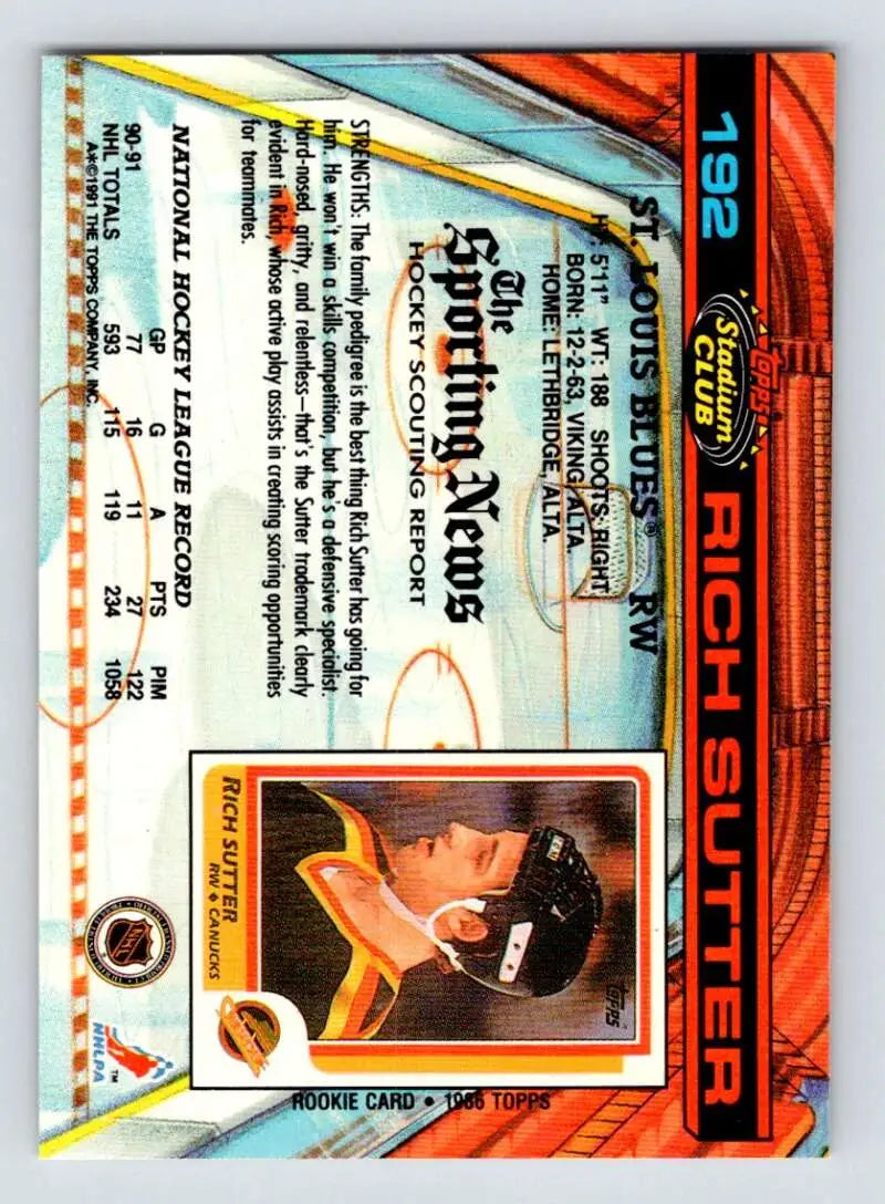 1991-92 Topps Stadium Club Rich Sutter hockey card featuring player in yellow jersey