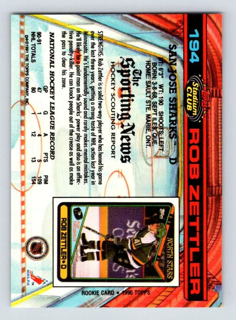 1991-92 Topps Stadium Club Rob Zettler Hockey Card with holographic design and stats