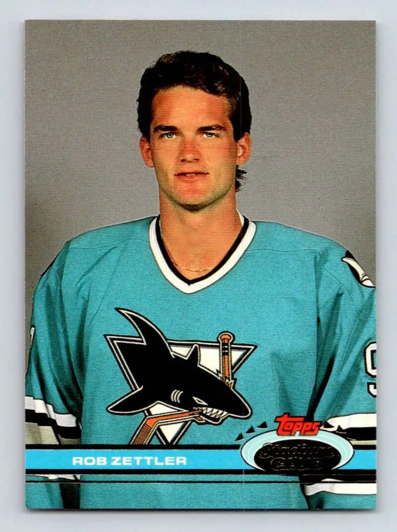 Hockey card of San Jose Sharks player in teal jersey, 1991-92 Topps Stadium Club