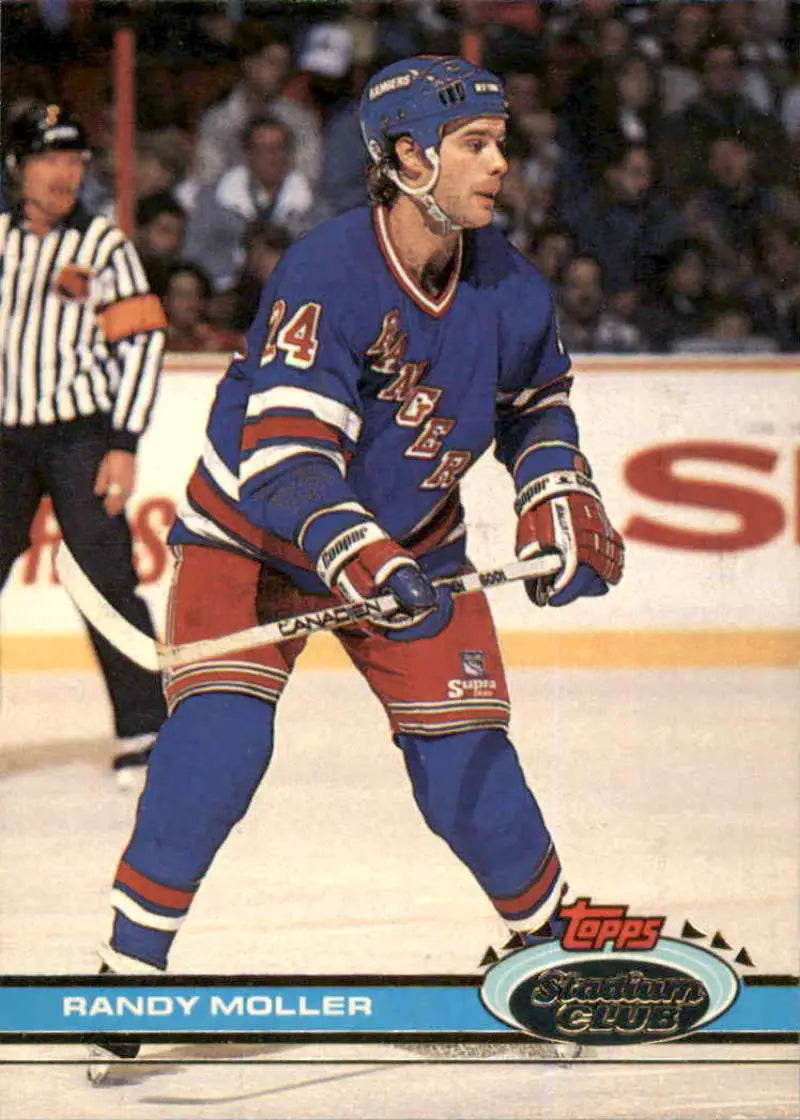 Hockey player in New York Rangers jersey 14 on 1991-92 Stadium Club Randy Moller card