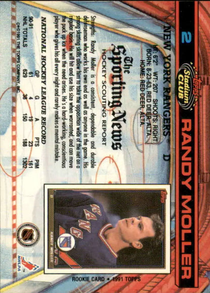 Back side of a vintage 1990s Topps Stadium Club Randy Moller New York Rangers card