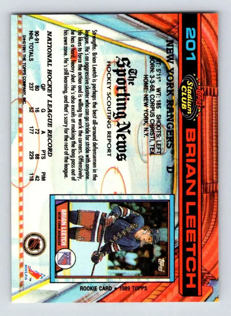 Baseball trading card featuring Brian Leetch with orange borders and stats on the back