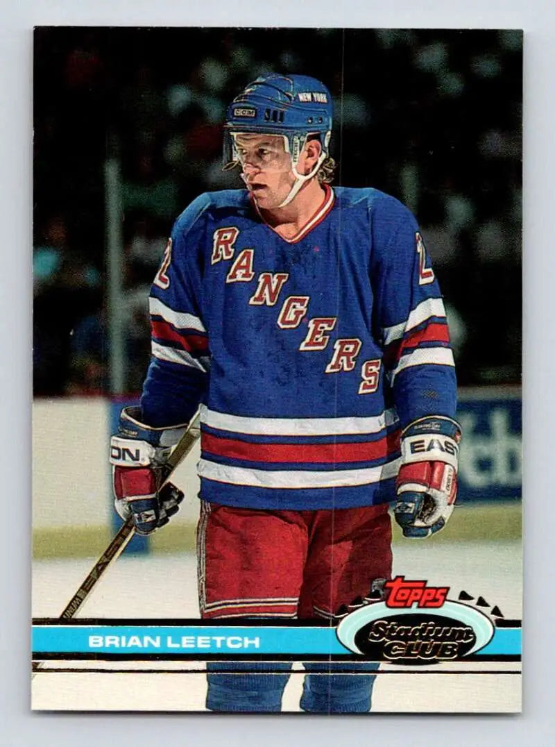 Hockey player in New York Rangers jersey for Brian Leetch Topps Stadium Club card