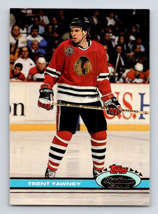 Hockey player in Chicago Blackhawks jersey for 1991-92 Topps Stadium Club Trent Yawney card