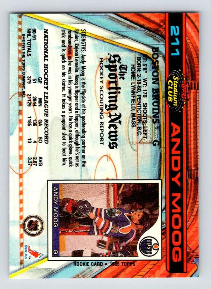 Hockey card featuring Andy Moog from the Boston Bruins with geometric design and holographic elements