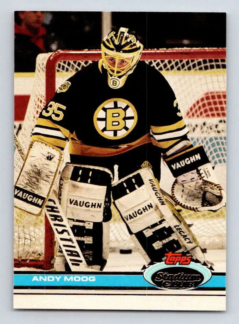 Boston Bruins goalie Andy Moog in black and gold jersey on hockey card design